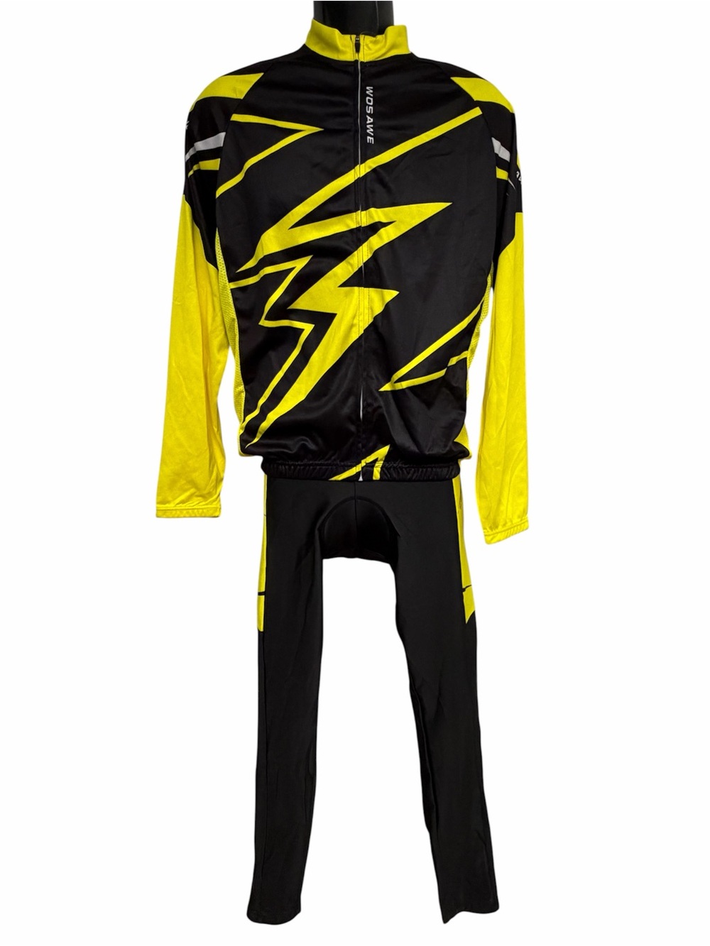WOSAWE Men’s L Black Yellow Long Sleeve Cycling Jersey Padded Pants Set NWT